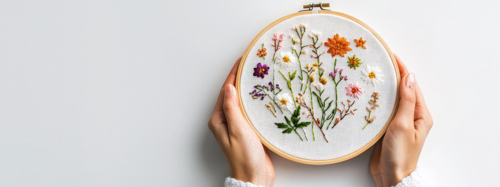 mani che ricamano un fiore su stoffa